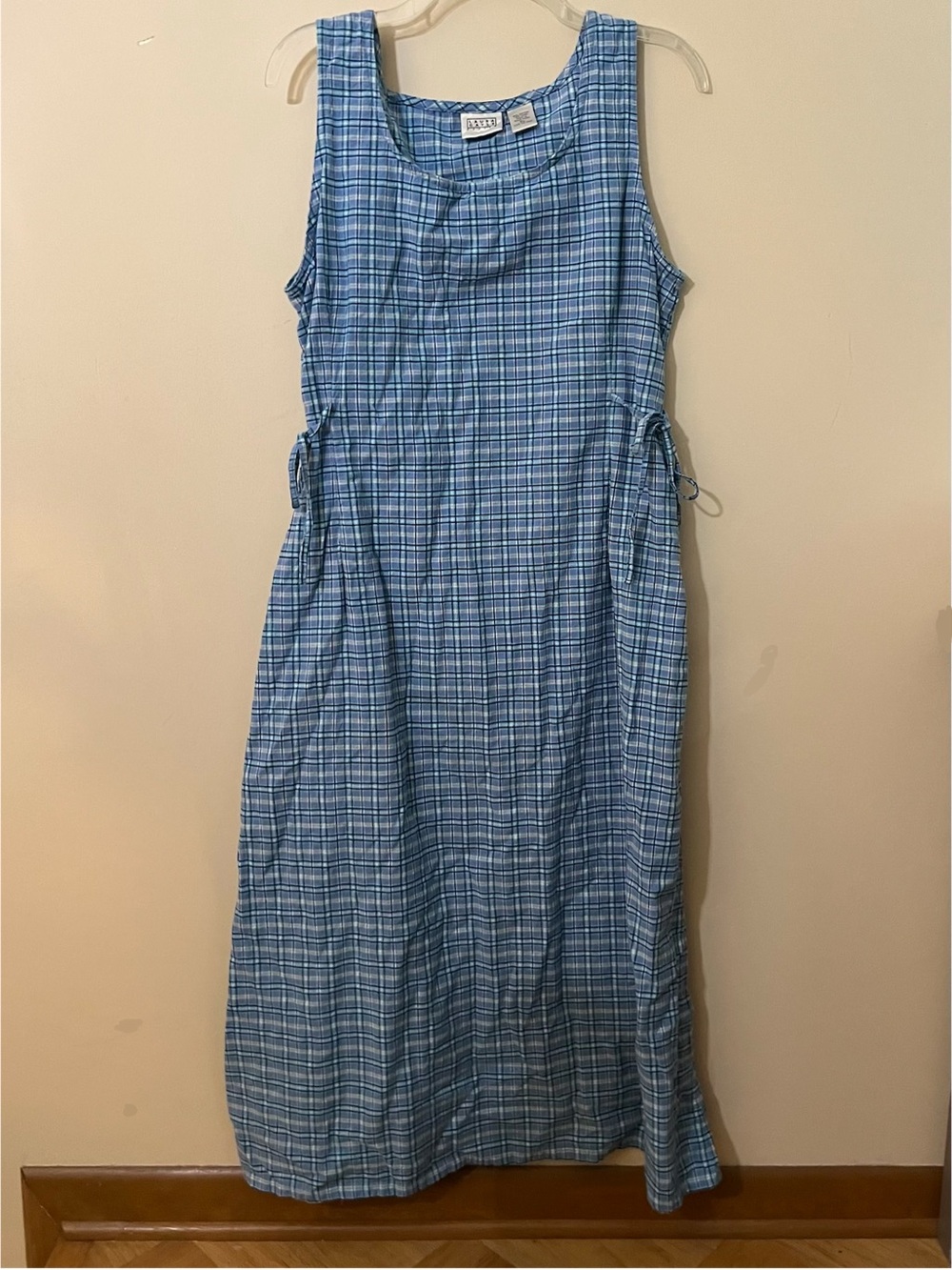 Vintage Linen Cotton Blend Plaid Blue Tank Dress with Side Ties
